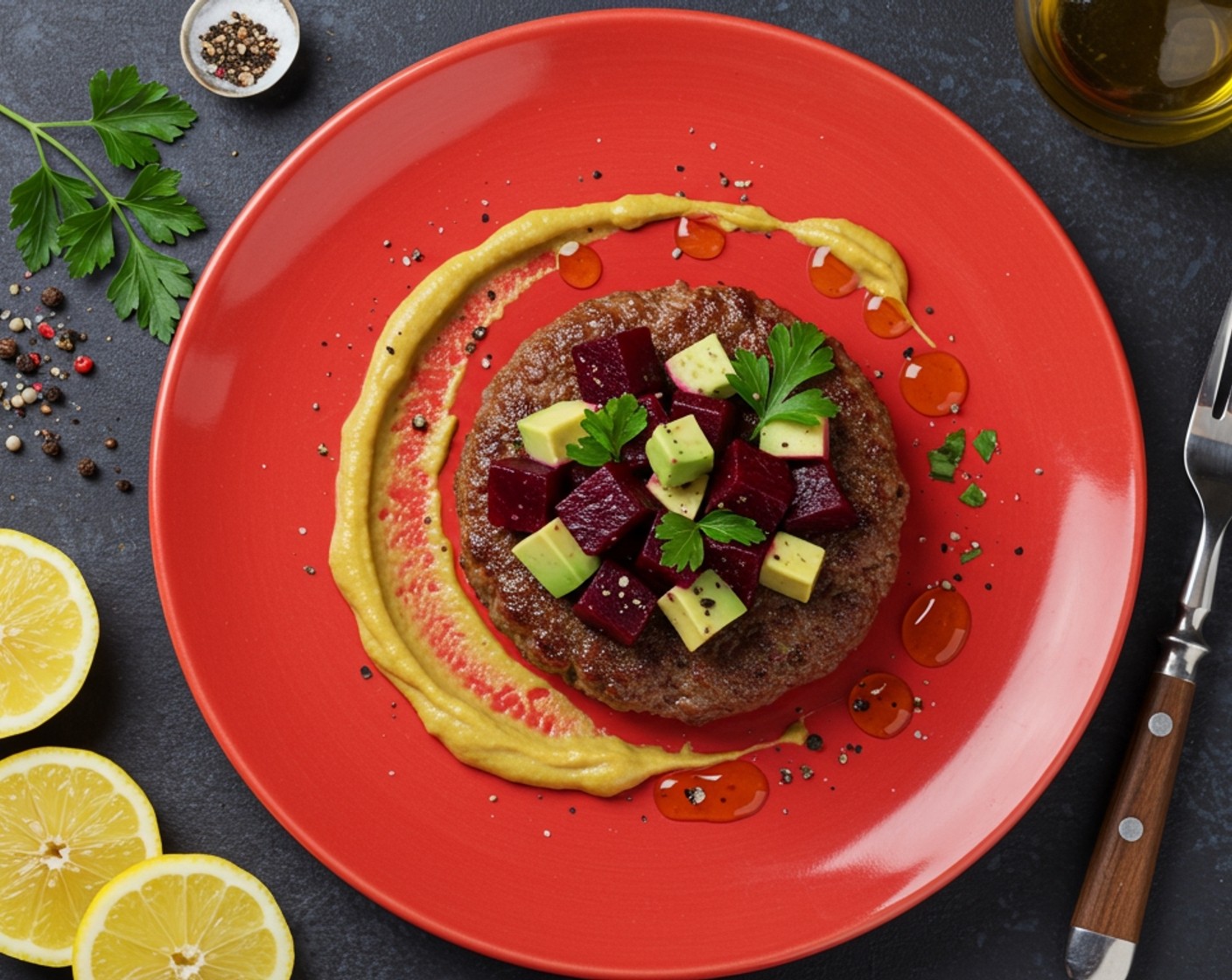 step 3 Spread the Yellow Mustard (2 Tbsp) on a plate. Lay the beef patty on top, and add the beet and avocado salad, garnish with Fresh Parsley (1 handful) and serve!